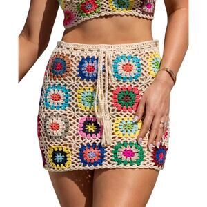 B1 Cupshe X JoJo Open Weave‎ Crochet Mini Cover-Up Skirt M Floral Boho Festival